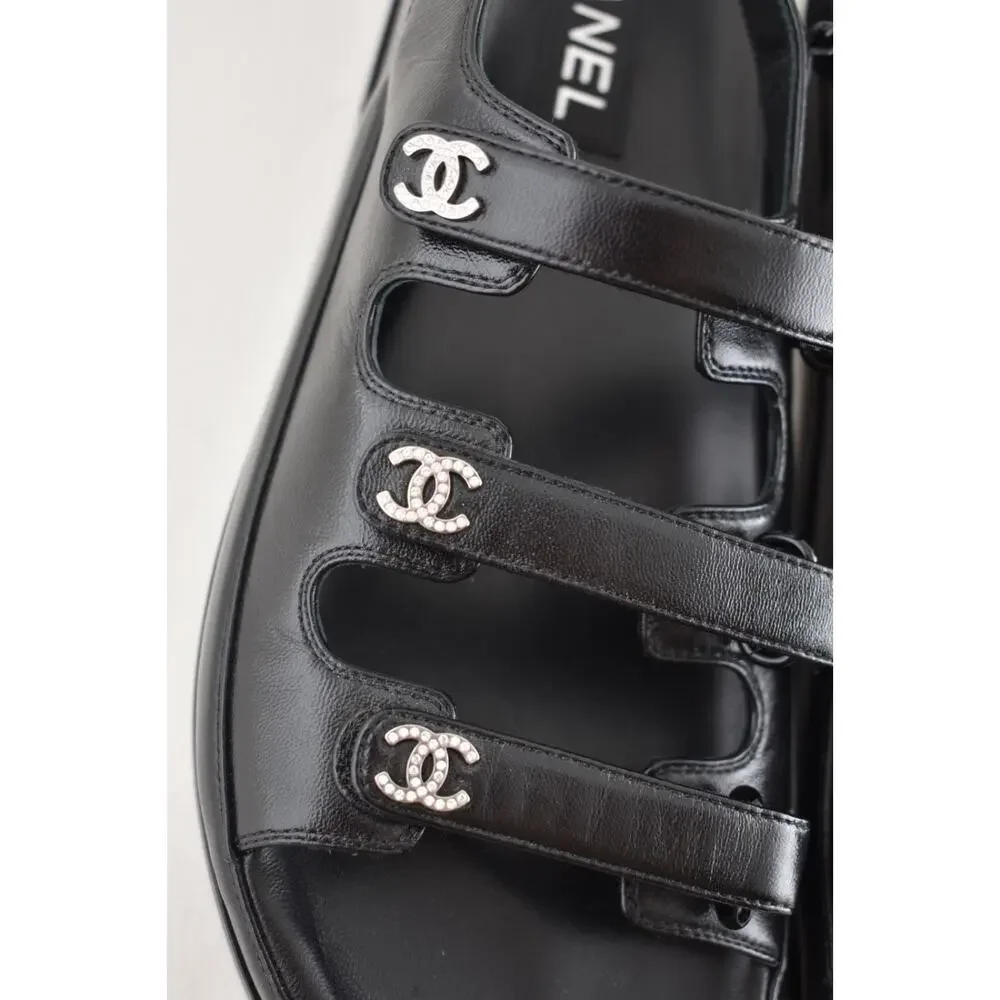 Chanel 24S Black Leather Triple Strap CC Logo Mule Slide Teva Dad Sandal Flat 41